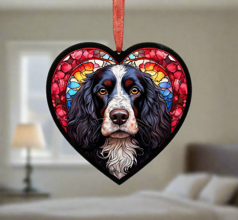 Cocker Spaniel Black & White Stained Glass Effect Heart Suncatcher